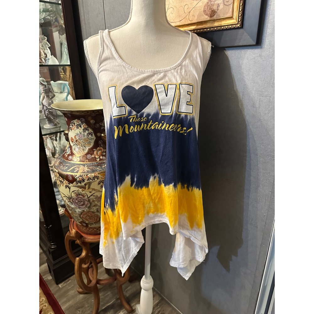 Creative Apparel WVU Mountaineers Tie Dye Handkerchief Hem Tank Top Navy Gold